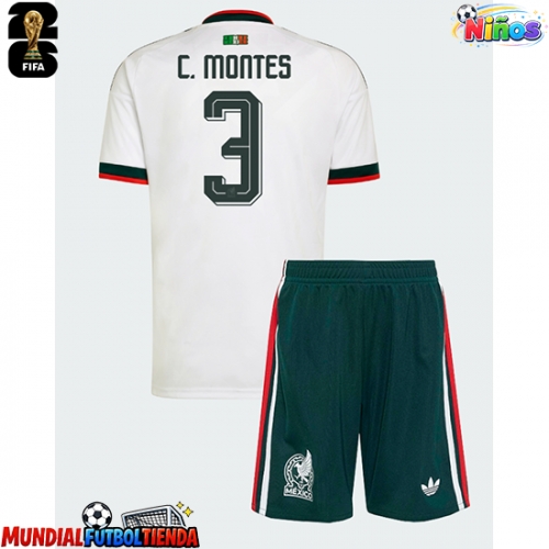 Camiseta México Cesar Montes #3 Segunda Equipación Replica Mundial 2026 para niños mangas cortas (+ Pantalones cortos)
